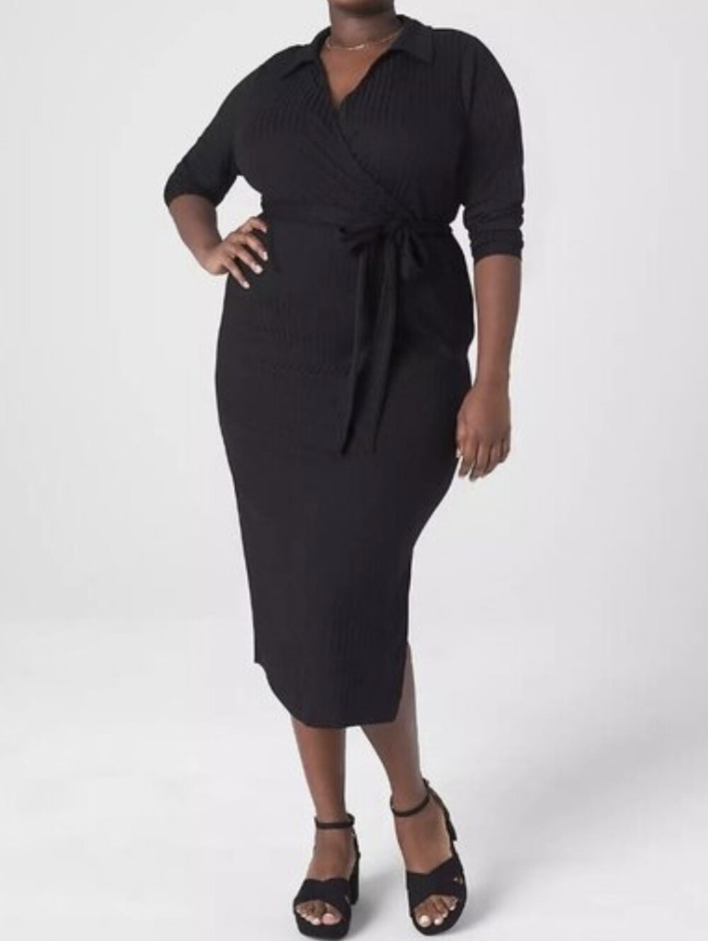 Black Wrap Surplice Midi Dress with Tie Waist